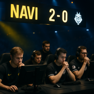 Esports match between NAVI and G2, highlighting the competitive atmosphere and intense player focus.